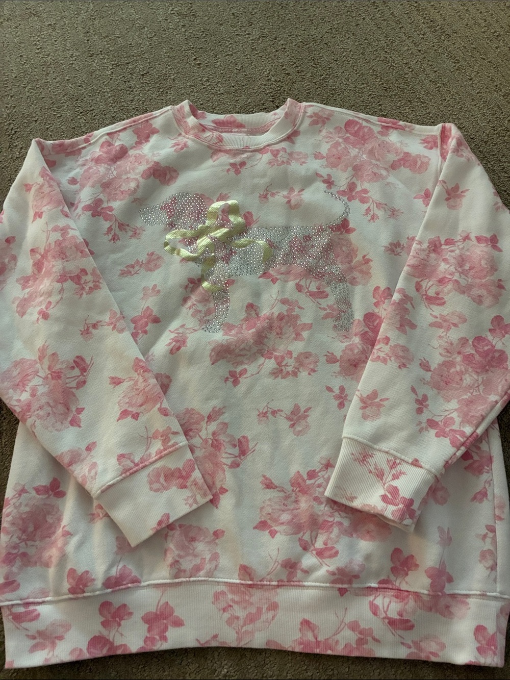 Love shack fancy Victoria secret Pink Floral Rhinestone Sweatshirt with dog crew